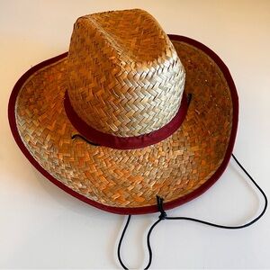 Straw Hat | Tan & Burgundy Band Chin Strap western cowboy hat